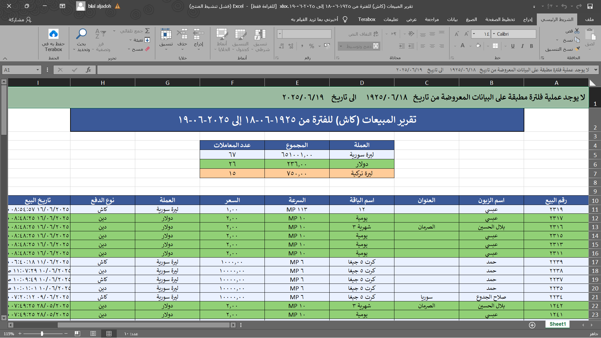 نموذج تقرير Excel المحمي