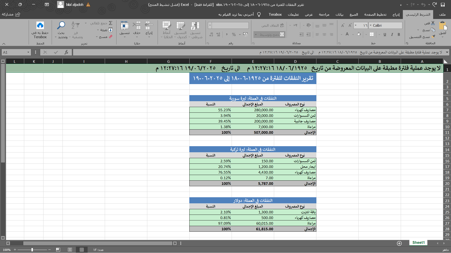 نموذج تقرير Excel المحمي