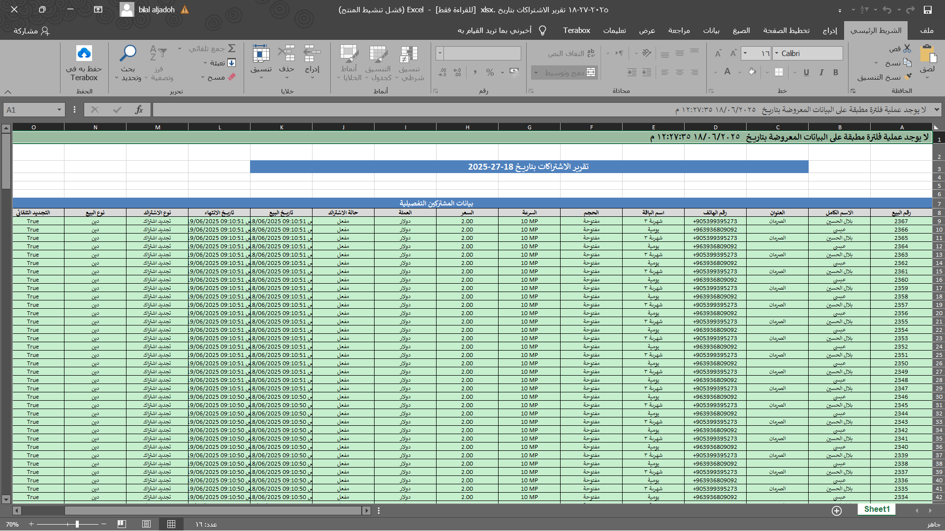 نموذج تقرير Excel المحمي